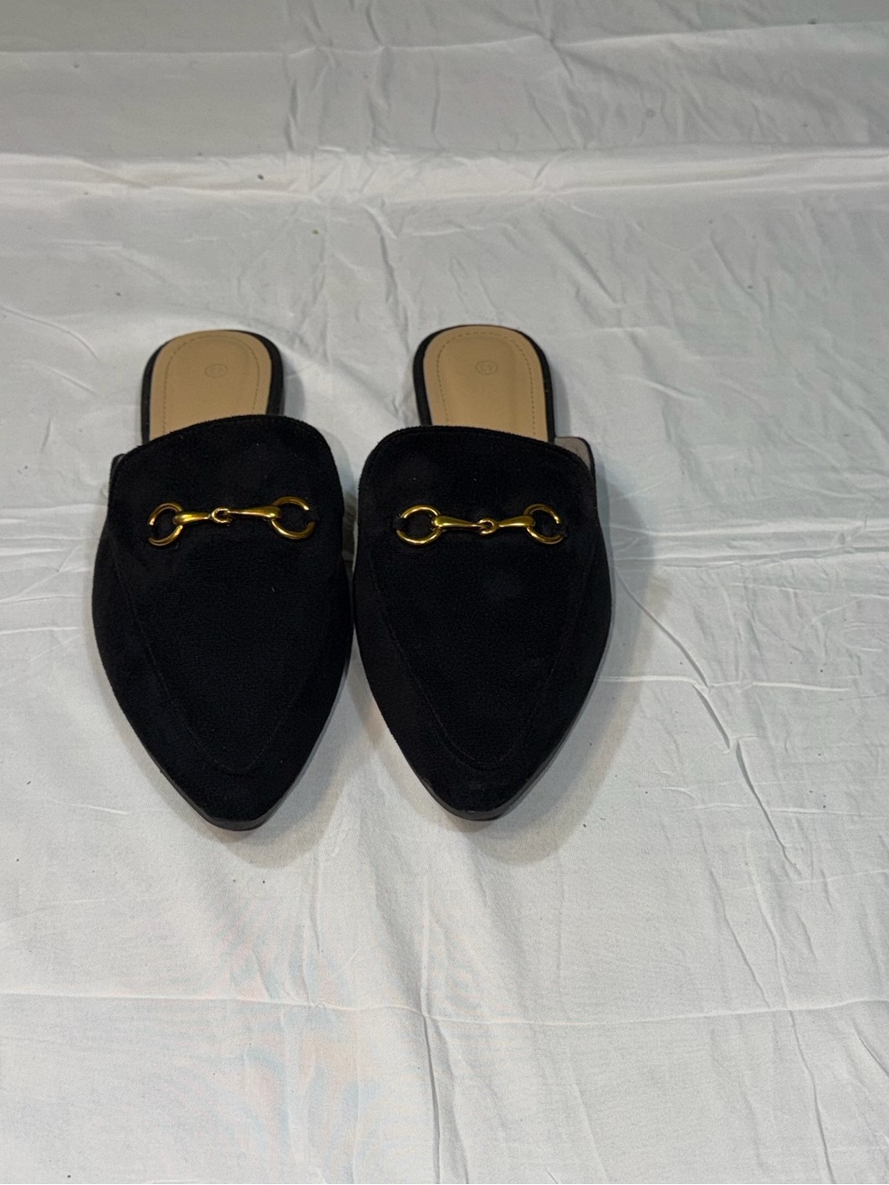 SHEIN Black Suede Pointed Toe Flat Mules Gold Horsebit Buckle Slide Loafers 11 - Picture 2 of 7